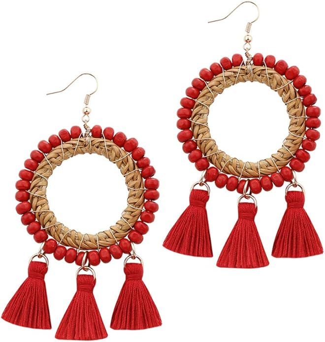 CALORVIA Bohemian Rattan Wooden Beads Handmade Circle/Teardrop Earrings Dangle Drop Jewelry for W... | Amazon (US)