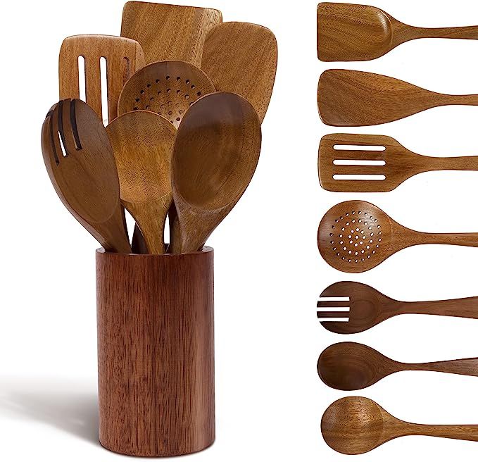 Wooden Spoons for Cooking-Kitchen utensils set with holder-Nice-nook 8PCS Wooden Utensils for Coo... | Amazon (US)