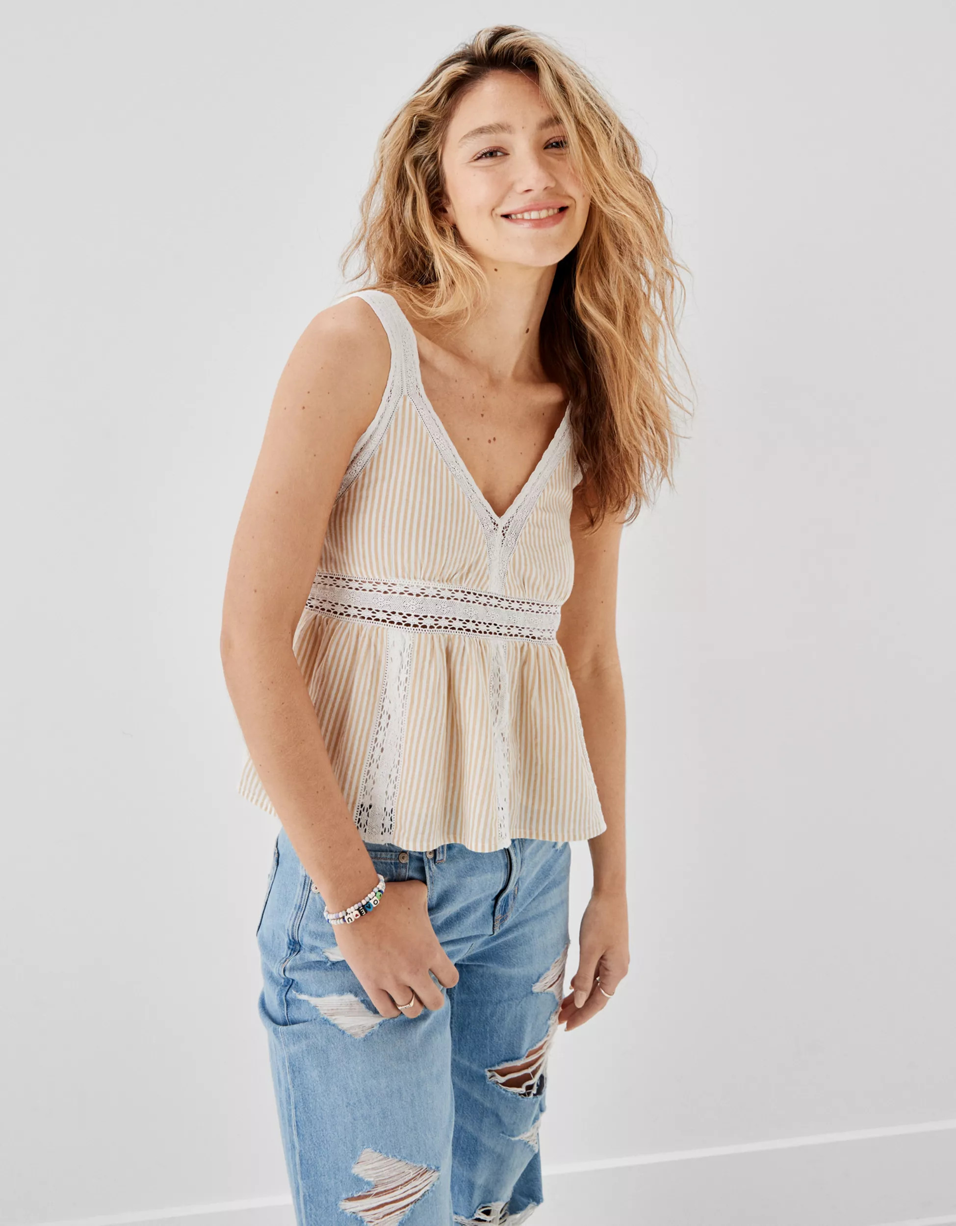 AE Lace Trim Babydoll Tank Top | American Eagle Outfitters (US & CA)