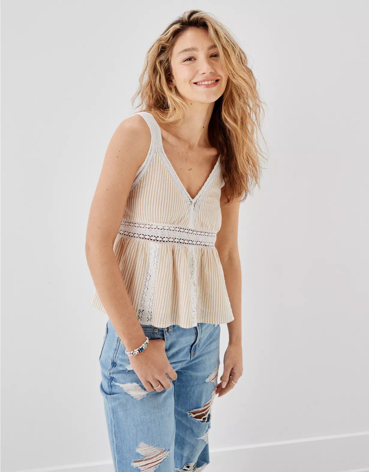 AE Lace Trim Babydoll Tank Top | American Eagle Outfitters (US & CA)