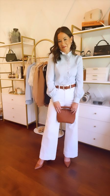 Spring / summer outfit idea - white jeans from jcrew (petite and tall friendly) sezane top - use code blair40 for $40 off the most comfortable heels from Ally shoes 

#LTKSeasonal #LTKVideo #LTKover40