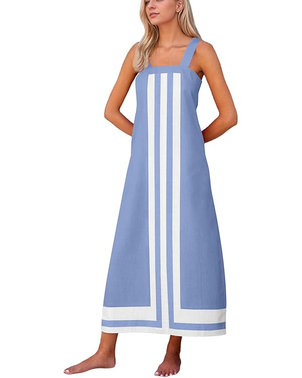 Women Color Block Maxi Dress Sleeveless Striped Flowy Beach Dress Square Neck Backless Casual Sum... | Amazon (US)