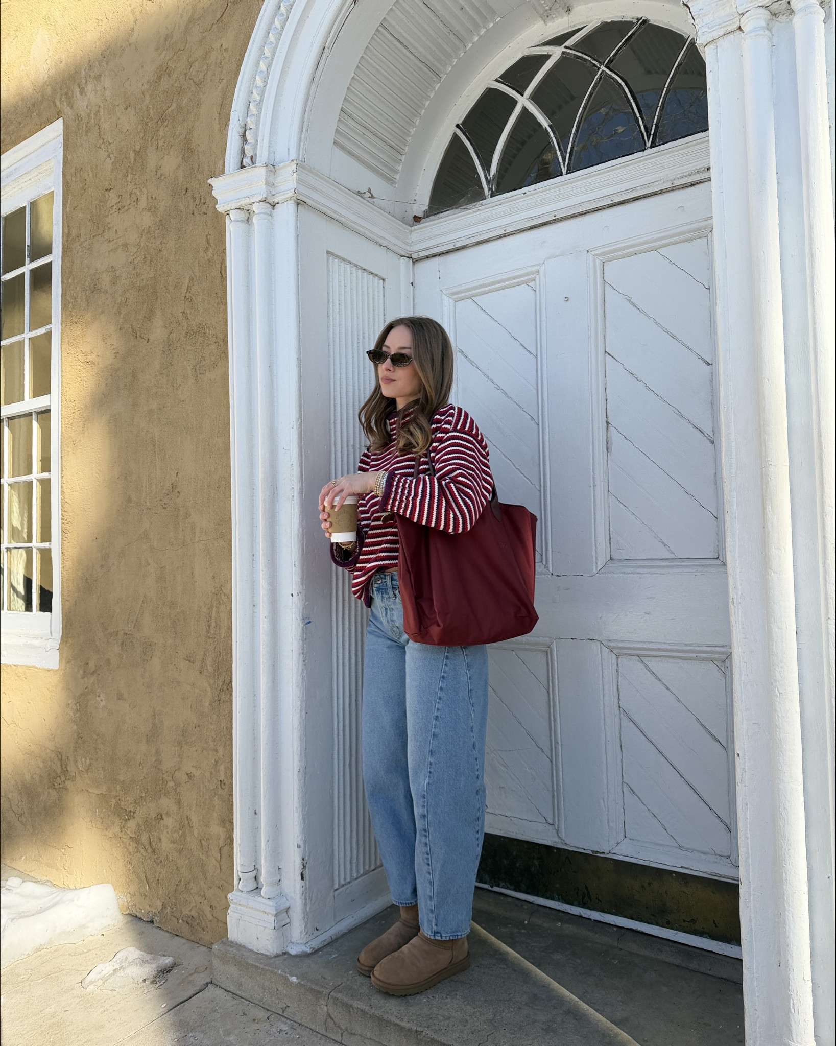 2/9/26 Casual winter Valentine’s Day outfit 🤍 Cozy, easy, and still put together. Wearing my UGG mini boots with Abercrombie barrel jeans and the cutest striped J.Crew roll-neck sweater (the purple/red combo is so fun for February). Finished with my Amazon sunnies, and my new deep red Longchamp bag that I picked up in Paris — size large for reference. Perfect for everyday winter errands with a little Valentine’s vibe mixed in. @abercrombie @jcrew 



#LTKValentine #LTKootd #LTKgrwm