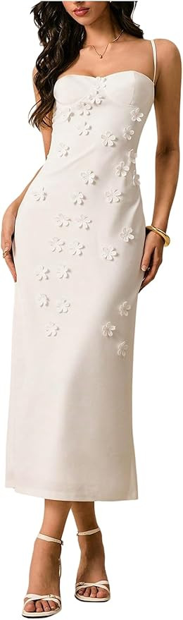 OYOANGLE Women's Floral Appliques Spaghetti Strap Long Dress Slit Hem Formal Party Evening Dresse... | Amazon (US)