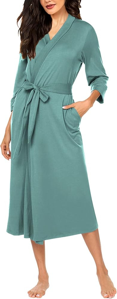 MAXMODA Womens Robe, Soft Kimono Spa Knit Long Bathrobe Lightweight Loungewear with Attached belt | Amazon (US)