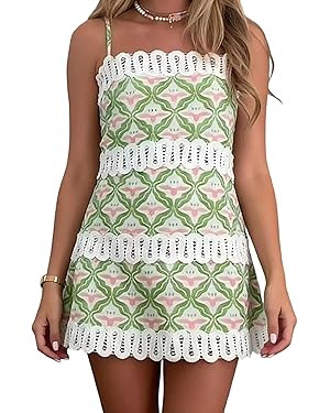 Women's Geometric Print Mini Dress Lace Trim Spaghetti Strap Dress Summer Casual Sundress for Bea... | Amazon (US)