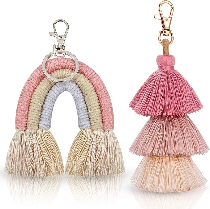 Hicarer 2 Pieces Boho Rainbow Keychains Pom Pom Tassel Macrame Keychains for Women Girls | Amazon (US)