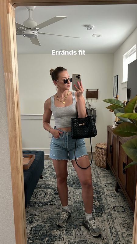 Errands outfit 🤌🏼 Agolde shorts, agolde denim shorts, denim shorts, jean shorts, summer style 2024, spring fashion 2024, basic tank, skims tank, casual outfits, casual errands outfit 