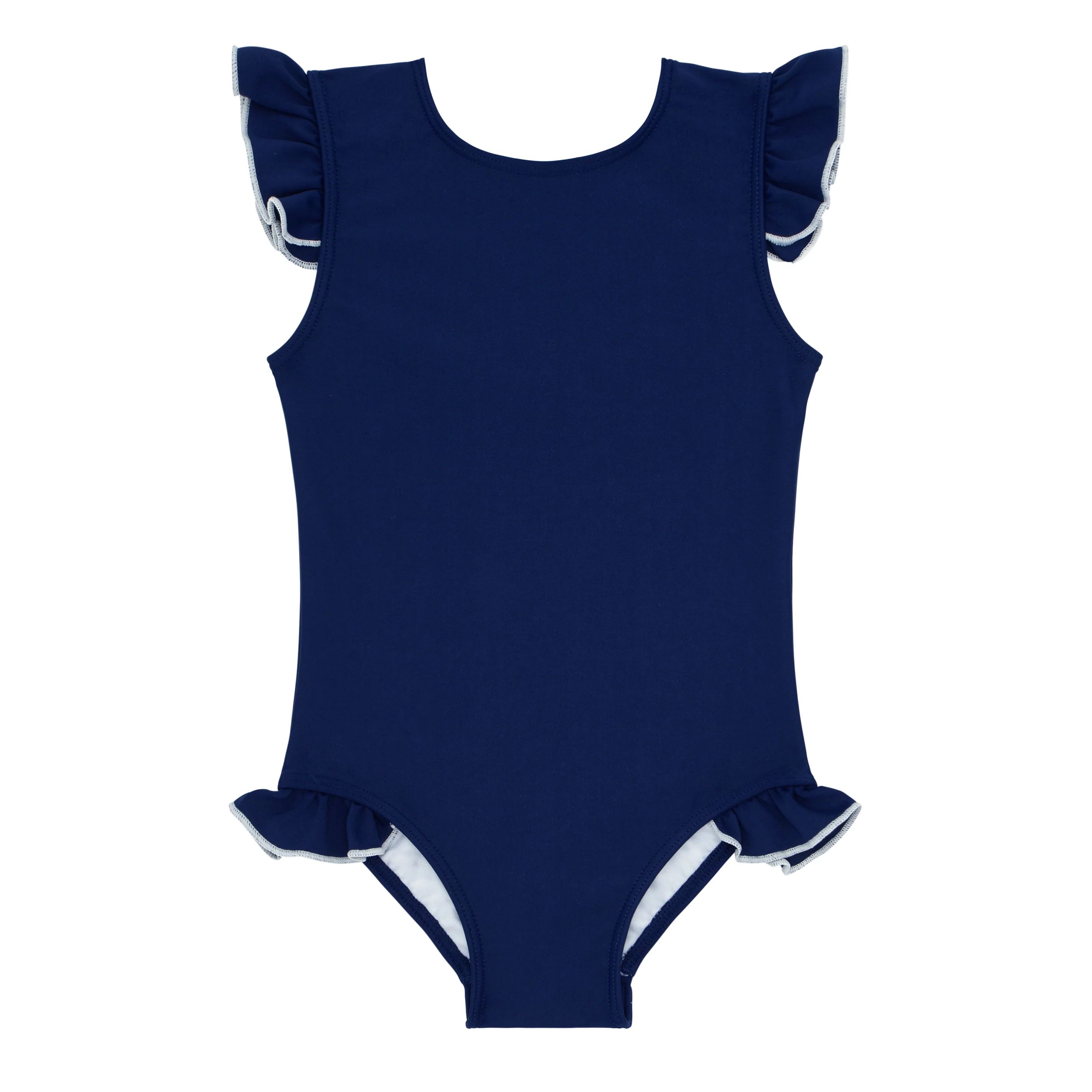 girls navy with white trim ruffle sleeve rashguard one piece | minnow