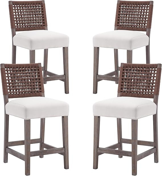 Woven Rope Back Bar Stools Set of 4 Armless Counter Height Stools Wooden Farmhouse Barstools for ... | Amazon (US)