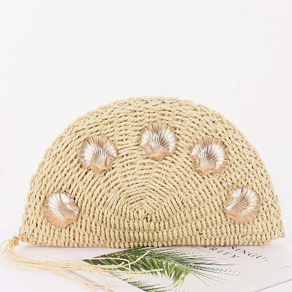 Helen Straw Half-Moon Clutch with Shell Embellishments | Benaar La