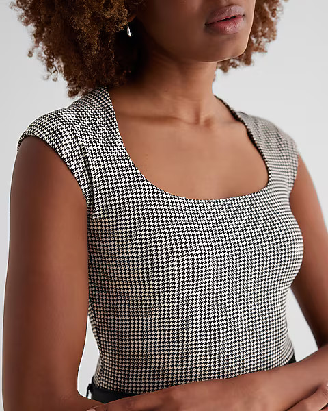 Body Contour High Compression Houndstooth Scoop Neck Cap Sleeve Bodysuit | Express