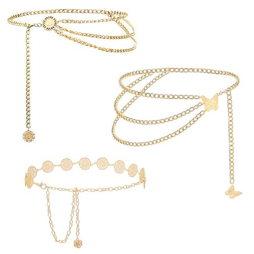 Qoncosy 3 Pcs Gold Chain Belt for Women, Adjustable Waist Chain with Clover Butterfly Disc Pendants, Body Jewelry, Boho Belts for Women, Summer Beach Party (Gold) | Amazon (US)
