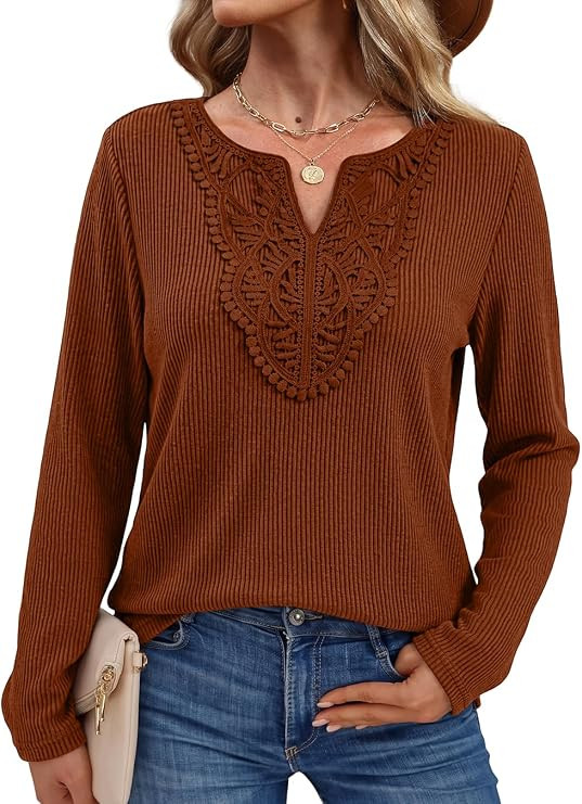 WIHOLL Womens Long Sleeve Tops V Neck Boho Lace Shirts 2026 Fall Fashion Clothes | Amazon (US)