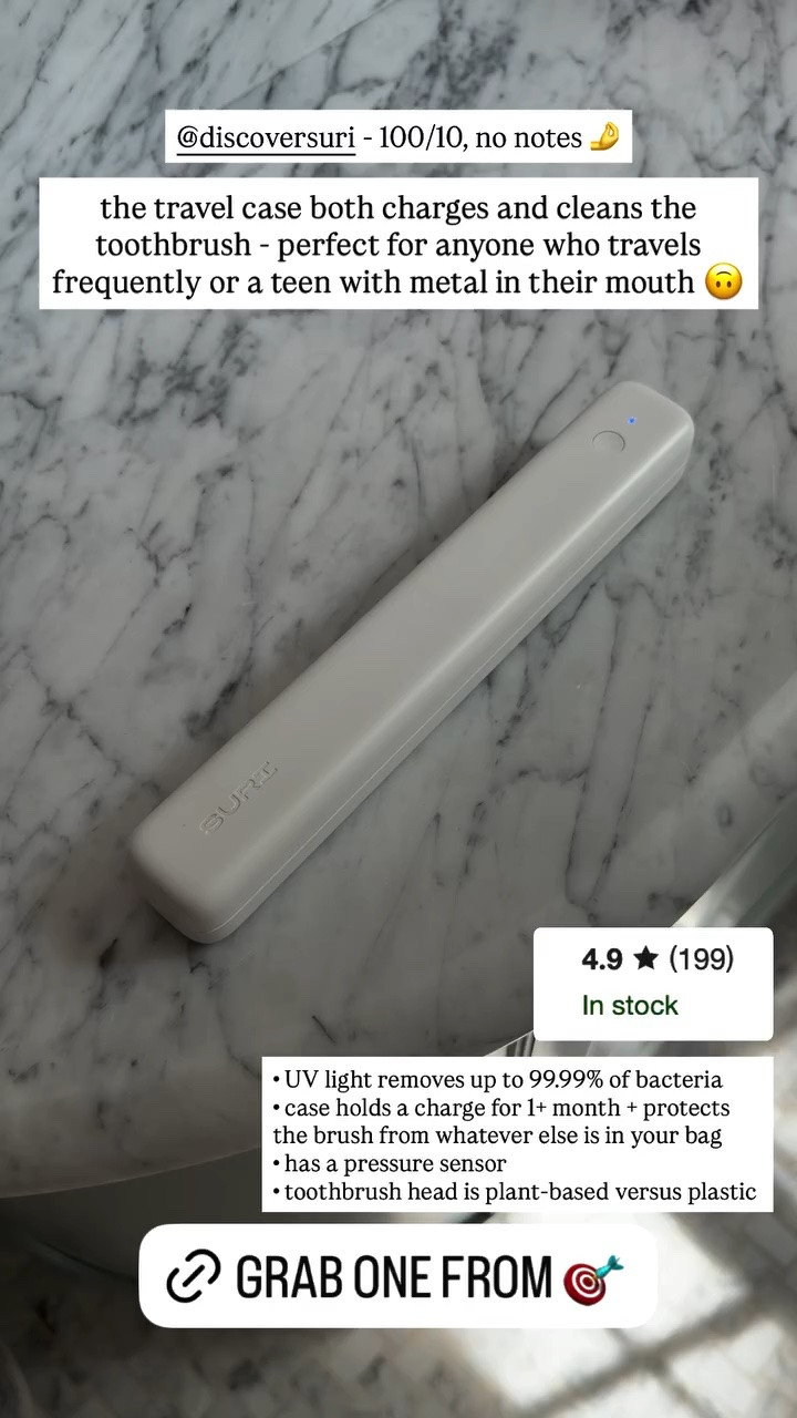 @discoversuri - 100/10, no notes 🤌

the travel case both charges and cleans the toothbrush - perfect for anyone who travels frequently or a teen with metal in their mouth 🙃

•  UV light removes up to 99.99% of bacteria
• case holds a charge for 1+ month + protects the brush from whatever else is in your bag
• has a pressure sensor
• toothbrush head is plant-based versus plastic

#LTKHome #LTKselfcare