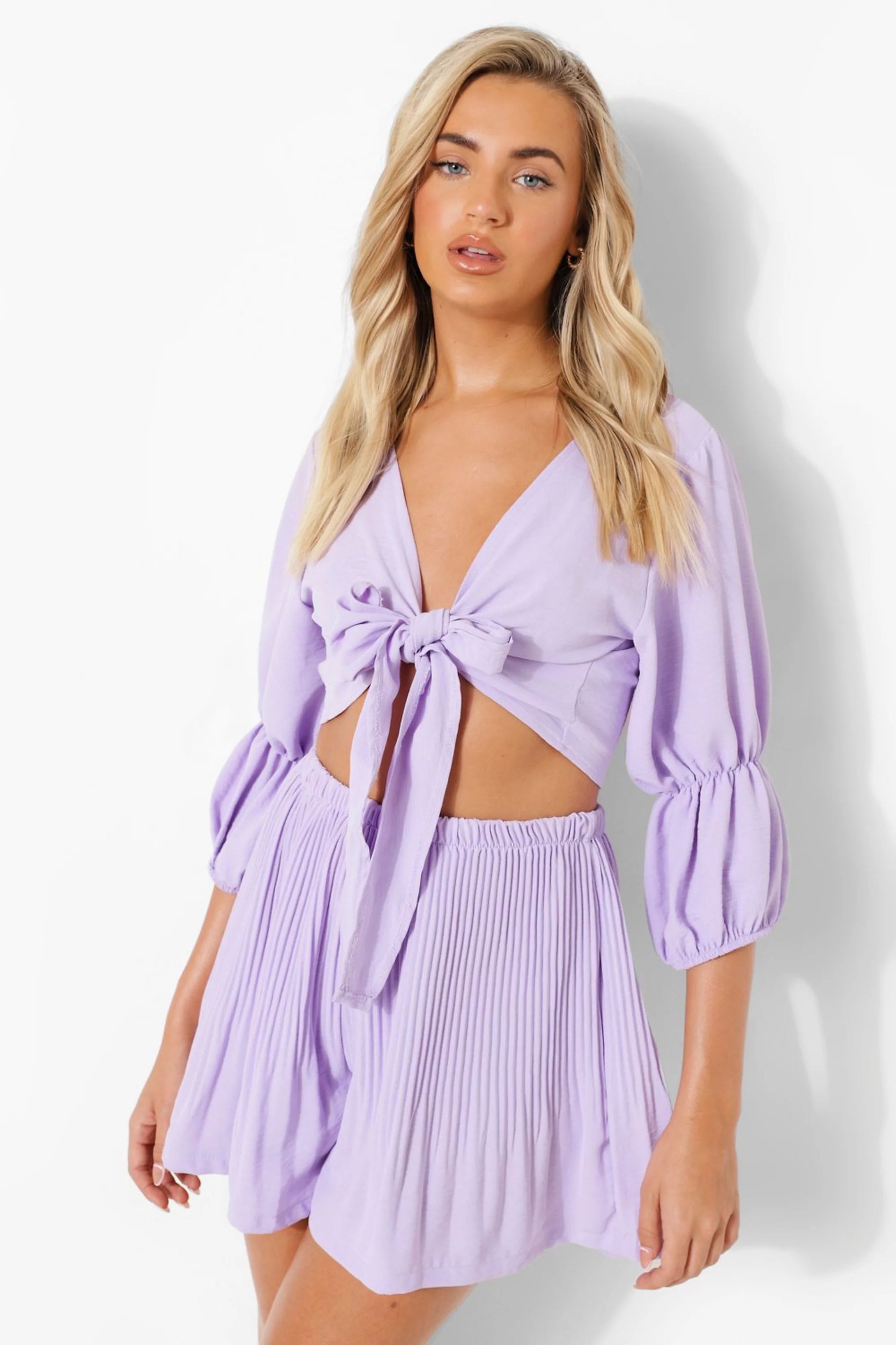 Woven Knot Crop & Pleated Shorts Set | Boohoo.com (US & CA)