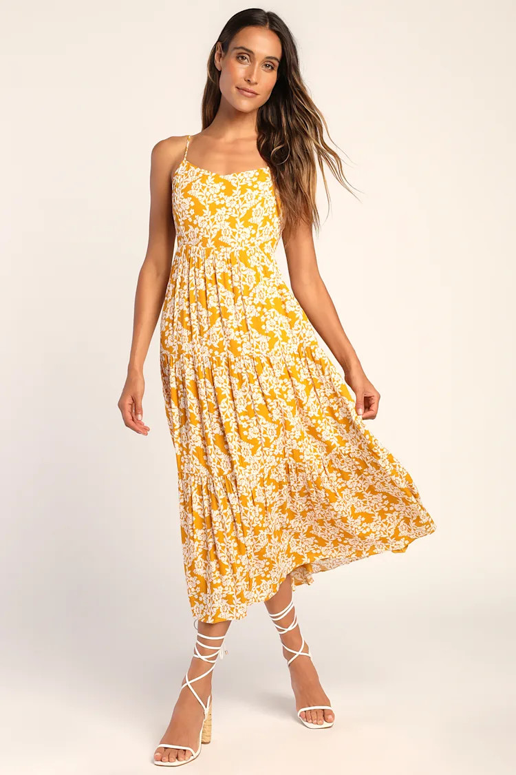 Catching Sunrays Mustard Yellow Floral Print Midi Dress | Lulus
