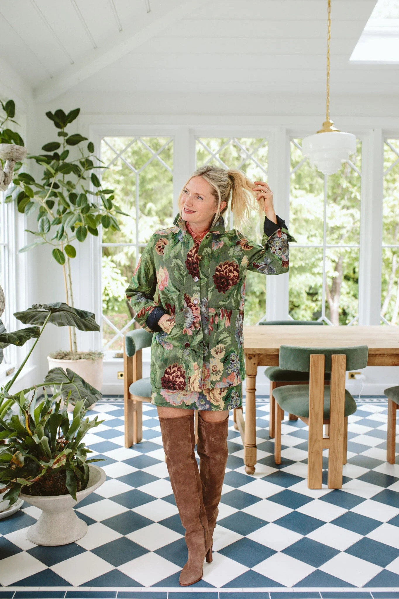 While Brian remarked how this looked very sofa fabric-esque (not wrong) I LOVE this “suit”. I bought it for an event then realized that in Portland I might have stood out more than I wanted to while I was there (I was right). This is thick brocade-like fabric and really busy (and thus forgiving). Of course, these boots are the star of the show (and come in blue suede, too which I wish I had bought but I love these).

#LTKover40 #LTKstyletip #LTKshoecrush