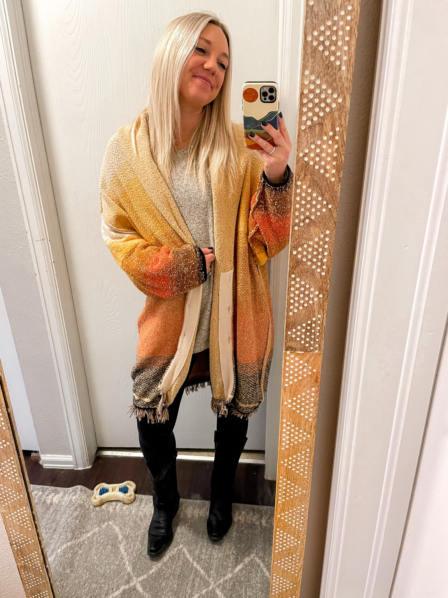 Xs cardigan 
Boots are “Justin” brand 