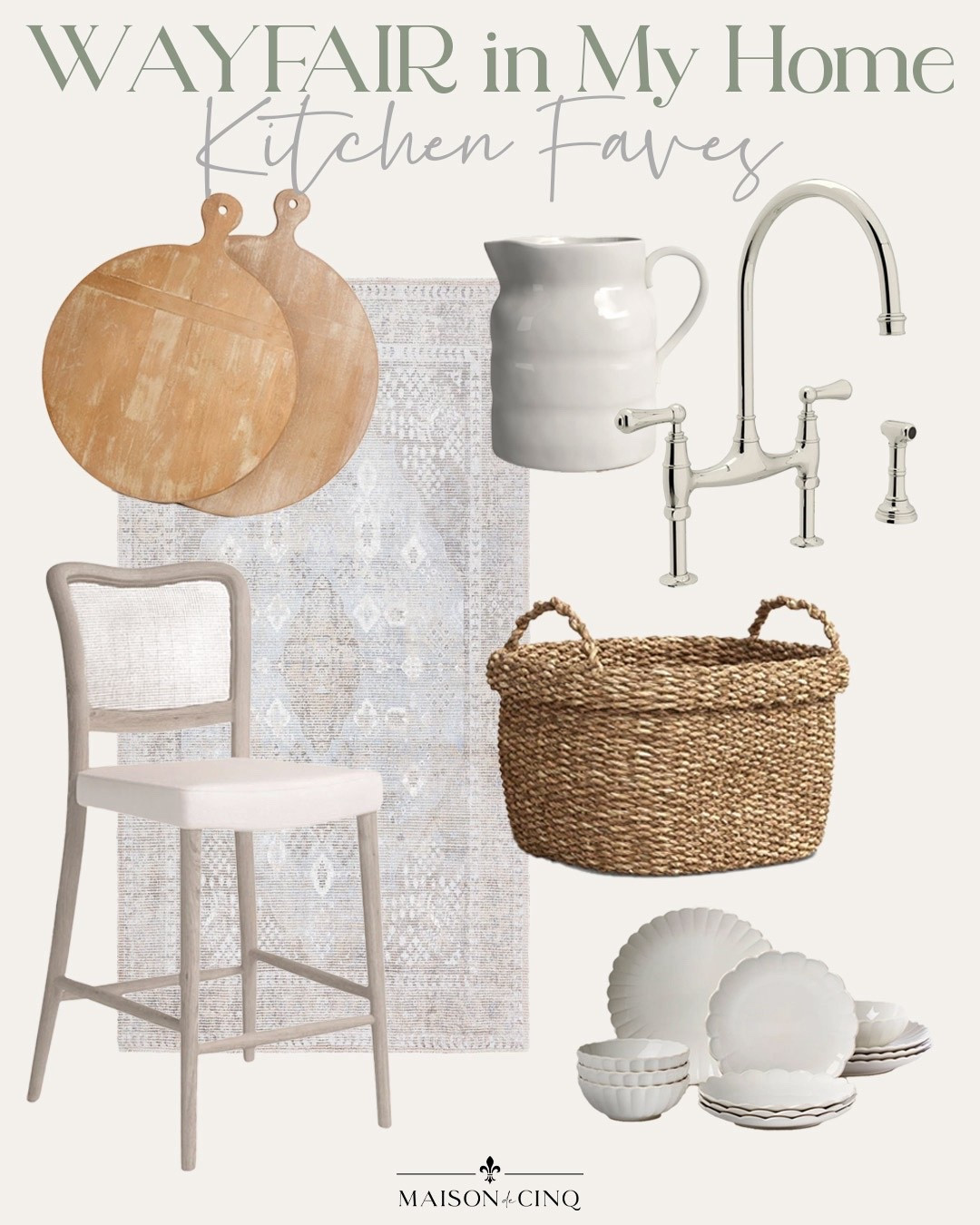 All the gorgeous Wayfair items I’m using in our new kitchen! Counter stools, dishes, bread boards, pitcher, runner 

#LTKHome