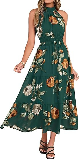 Simplee Womens Summer Halter Wedding Guest Dress Maxi Floral Vacation Boho Sundresses Flowy Forma... | Amazon (US)