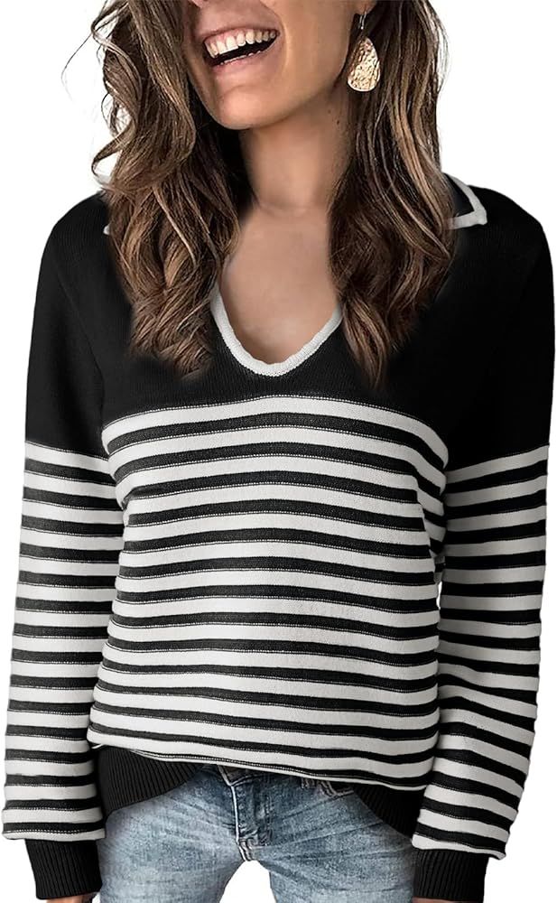 EVALESS Womens Fall Oversized Striped Sweaters Pullover Cable Knit V Neck Long Sleeve Color Block... | Amazon (US)