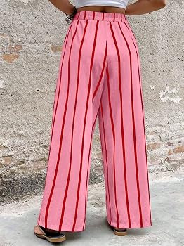 Acelitt Women Casual Drawstring Elastic Waist Striped Wide Leg Pants with Pockets, S-XXL | Amazon (US)