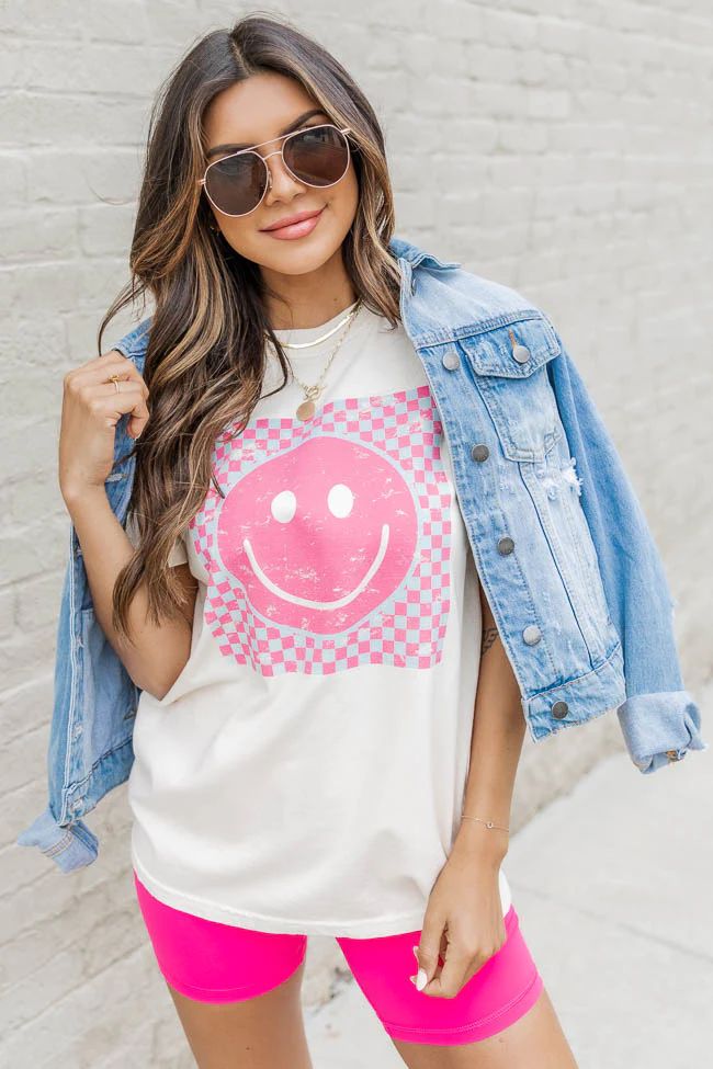 Pink And Teal Checkered Smiley Ivory Graphic Tee | Pink Lily
