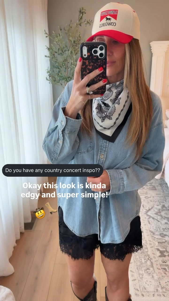 this one’s a little edgy but still so easy to throw together. oversized denim, lace shorts, boots, and a bandana just hits for a concert look

country concert outfit, western style, edgy outfits, denim shirt, cowboy boots, themominstyle 

#LTKSeasonal #LTKootd #LTKOver40