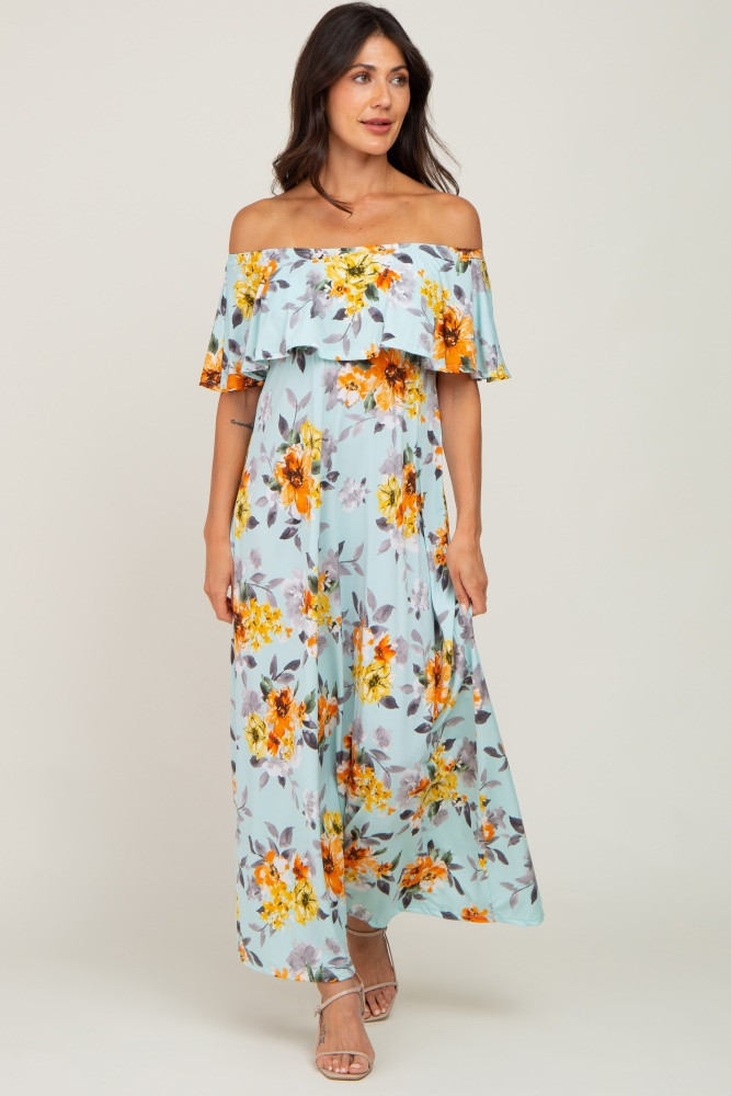 Light Blue Floral Off Shoulder Maxi Dress | PinkBlush Maternity