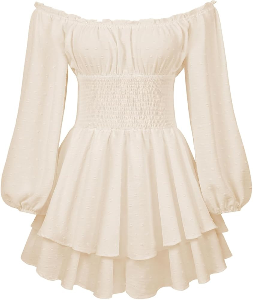 Women Puff Sleeve Ruffle Flowy Dress Long Sleeve Boho Off Shoulder Short Rompers Dress Built-in Layer Tie Mini Dress | Amazon (US)
