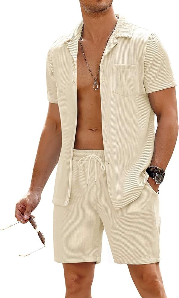 COOFANDY Men's 2 Pieces Shirt Sets Short Sleeve Casual Button Down Hippie T-Shirts Shorts Sets Su... | Amazon (US)