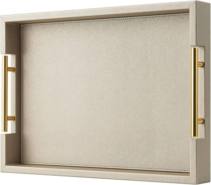 Champagne Faux Leather Serving Tray with Handles,17x12 inches, Large Decorative Tray for Ottoman ... | Amazon (US)