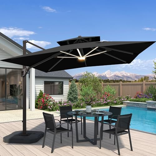 10x10 FT Cantilever Patio Umbrella with Led Lights Double Top Outdoor Square Large Heavy Duty Aluminum Offset Umbrellas with 7 Level Tilt 360-degree Rotation for Pool Garden Deck, Black | Amazon (US)