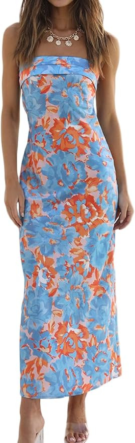 Realtix Satin Silk Backless Tube Tops Maxi Dress for Women Low Back Hollow Out Elegant Strapless ... | Amazon (US)