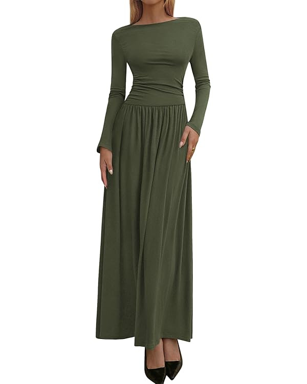 BTFBM Long Sleeve Maxi Dresses for Women 2025 Fall Casual Ruched Boat Neck Flowy Elegant Formal W... | Amazon (US)