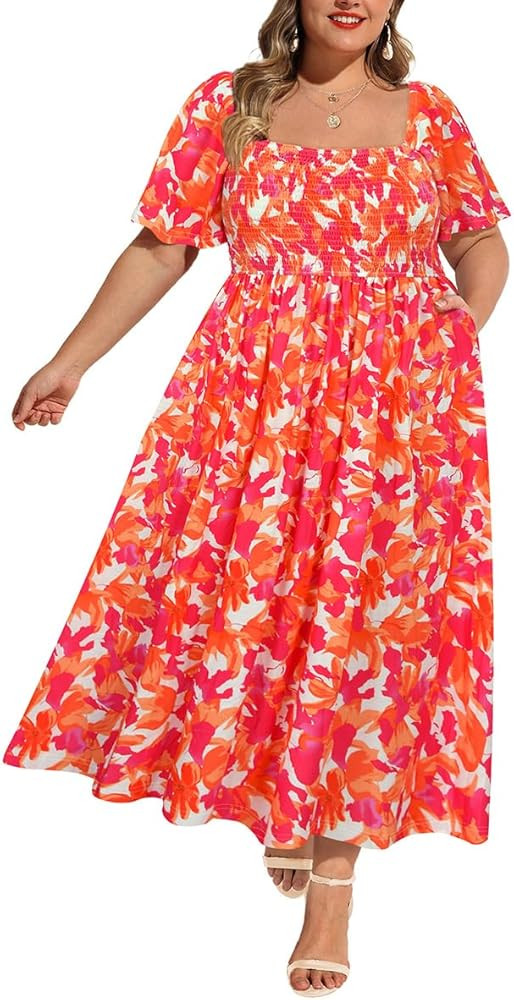 RITERA Plus Size Dresses for Curvy Women Square Neck Short Sleeve Summer Floral Smocked Maxi Dres... | Amazon (US)