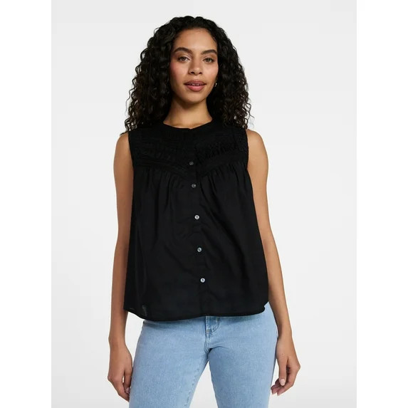 Time and Tru Women's Cotton Sleeveless Pleated Top, Sizes XS-XXXL | Walmart (US)