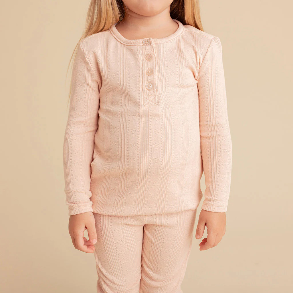 Solid Pink Long Sleeve Dusty Blush Pointelle Henley Top | Posh Peanut® | Posh Peanut