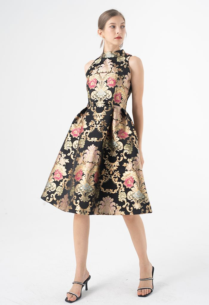 Splendid Peony Baroque Jacquard Sleeveless Dress in Black | Chicwish