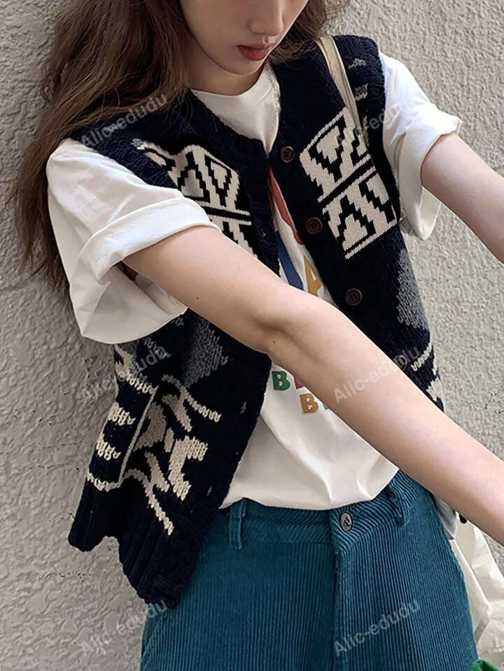 Geo Pattern Button Front Sweater Vest Without Tee | SHEIN USA | SHEIN