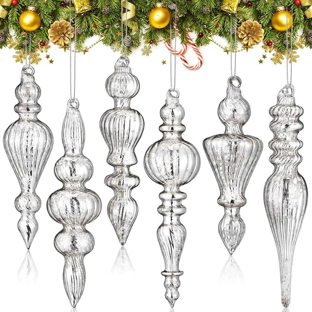 Amazon.com: Soaoo 6 Pcs 6.3 inch Mercury Glass Finial Christmas Ornaments Hanging Christmas Finia... | Amazon (US)