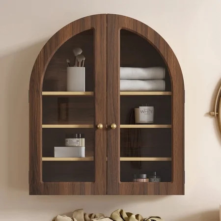 EYYTHUNG Modern Arched Wall Cabinet, Large Medicine Cupboard, Farmhouse Bathroom Storage Cabinet with Door Adjustable Shelf, Brown Oak | Walmart (US)