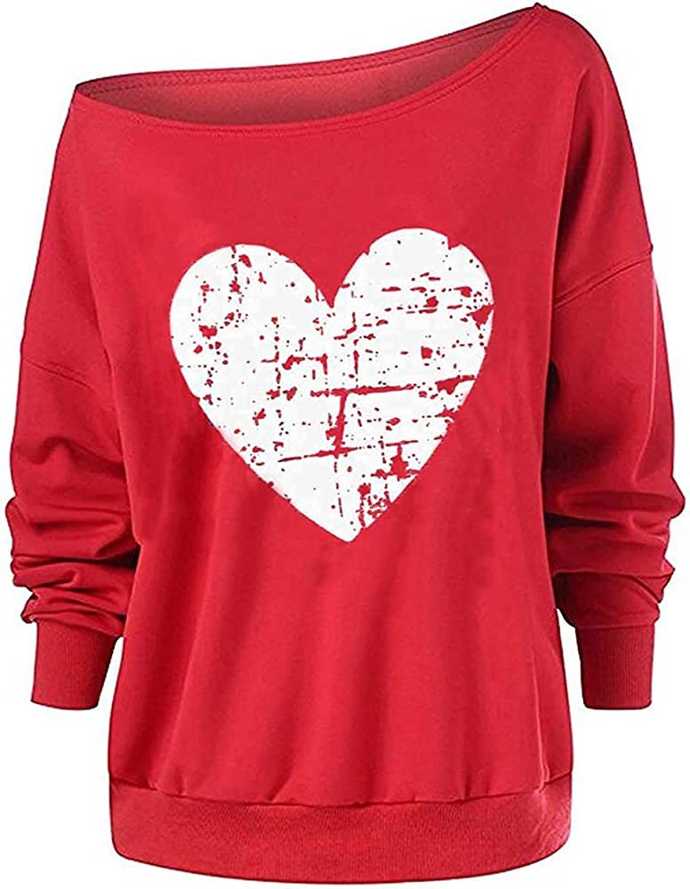 Decogiver Women's Off Shoulder Love Heart Pattern Printed Long Sleeve Valentines Day Sweaters | Amazon (US)