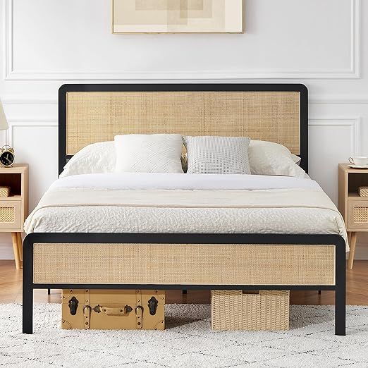 Amyove Queen Bed Frame with Natural Rattan Headboard and Footboard, Metal Platform with Strong Me... | Amazon (US)