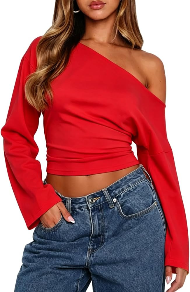 BONITEE Womens Sexy Off The Shoulder Tops Fall Long Sleeve Cropped Shirts | Amazon (US)