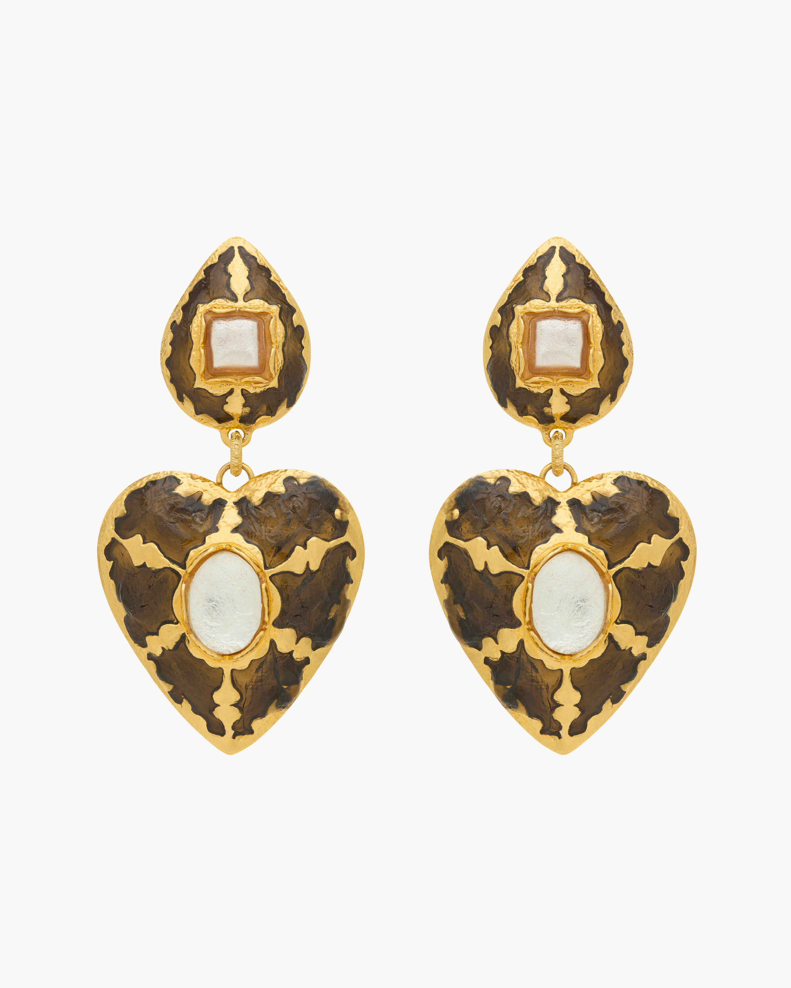 harlequin heart pendant earrings decorated with enamel featuring glass cabochons. | Saint Laurent Inc. (Global)