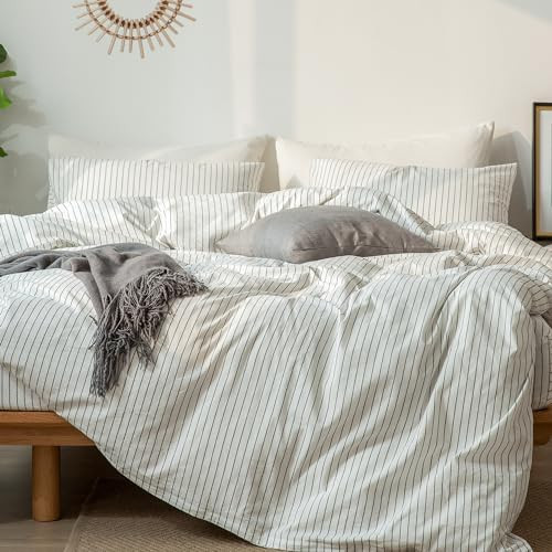 MooMee Striped Duvet Cover Set 100% Washed Cotton Linen Like Textured Breathable Durable Soft Comfy (White Dark Grey Wide Stripes, Full 80"x90") | Amazon (US)