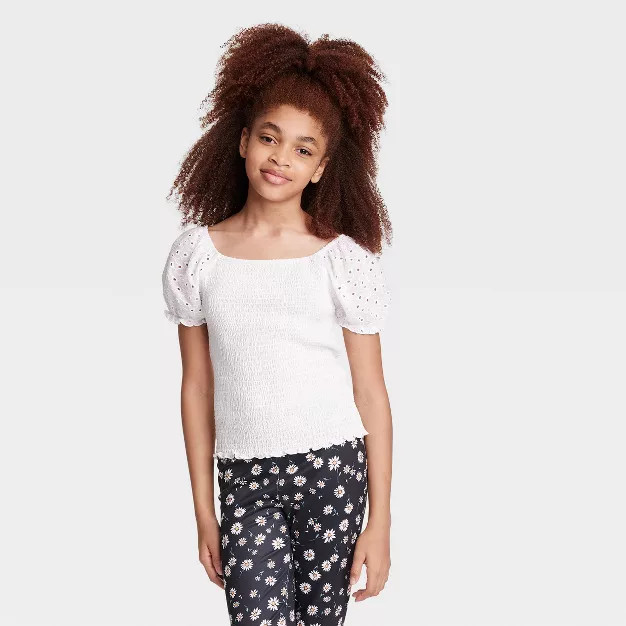 Girls' Smocked Bodice Puff Sleeve Woven Top | Target