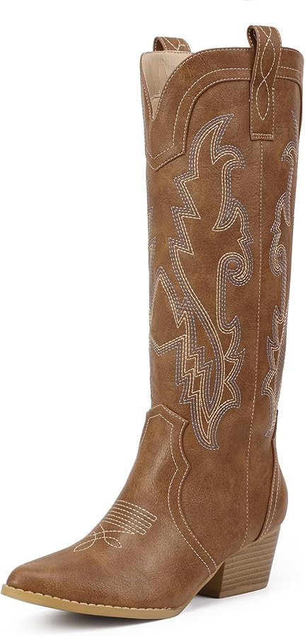 IDIFU IN2 Cowboy Boots For Women Cowgirl Knee High Western Tall Boots Chunky Low Pointed Toe Heel... | Amazon (US)